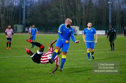 10/12/2016. Guildford City v Sutton Common Rovers. City's Shawn LYLE tests the keeper with an overhead shot on goal